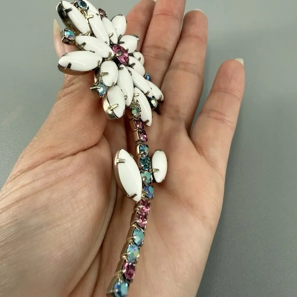 Vintage White Milk Glass Rhinestone Flower Brooch Pink AB Blue Floral Stem Pin
